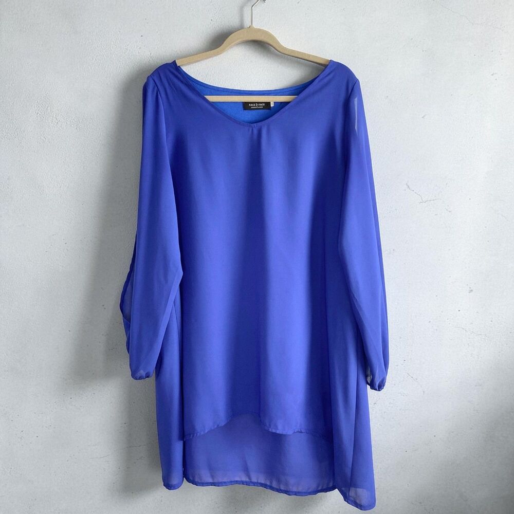 Face 2 Face Royal Blue Chiffon Tunic XXL Plus Cold Shoulder High Low Layered EUC